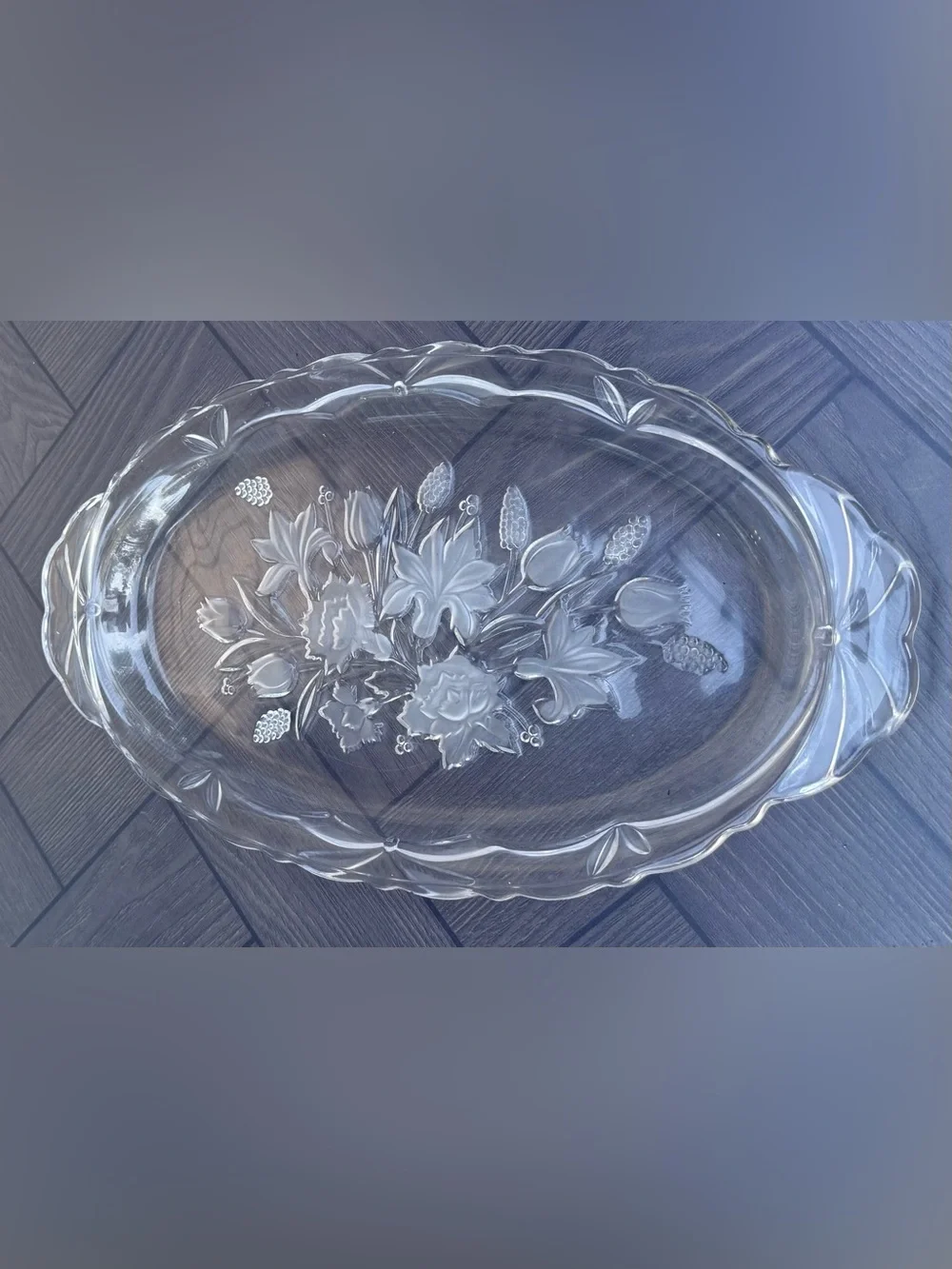Vintage Clear Glass Oval Platter Frosted Floral Tulip Daffodil Serving Dish 16x9